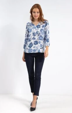 Blouse Imprimée Col V Avec Froufrou -Haute couture k 57230062 affinites BLANC o 48