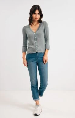 CARDIGAN COL V FESTONNÉ -Haute couture k cardigan col v finition feston lurex armand thiery femme VERT NIL o 69