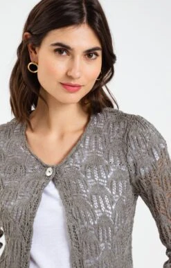 CARDIGAN COL V MAILLE AJOURÉE ALL OVER -Haute couture k cardigan col v maille ajouree all over affinites KAKI CLAIR d1 104