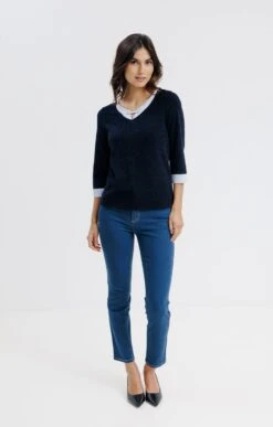 PULL 2 EN 1 COL AVEC OEILLET -Haute couture k pull 2en1 col avec oeillet armand thiery femme MARINE o 2