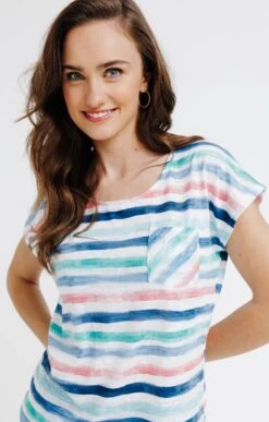 Tee-shirt Col Rond Rayures Imprimées 7 Tee-shirt Col Rond Rayures Imprimées -Haute couture k tee shirt col rond rayures imprimees affinites VERT LAGON d1 77