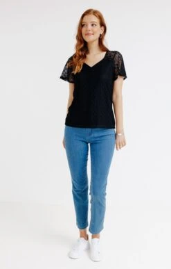 TEE-SHIRT UNI DENTELLE MANCHES COURTES -Haute couture k tee shirt uni dentelle manches courtes affinites NOIR o 14